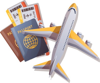 Airplane, passports and boarding pass